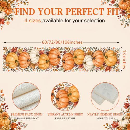 Fall Pumpkin Table Runner - 13x72 Inches for Farmhouse Kitchen Decor - Variation of Fall Big Pumpkin