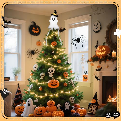 Halloween Ghost Tree Topper with Witch Hat – Spooky Indoor Decor, 11.8-Inch