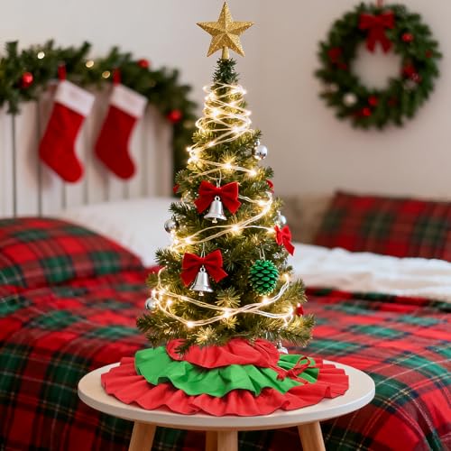 Mini Red and Green Christmas Tree Skirt - 24 Inch Ruffle Tabletop Holiday Decor