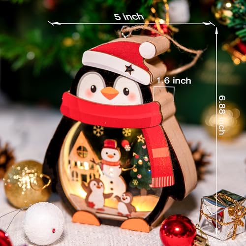 Penguin Christmas Ornament with Wooden Snowman Scene - Black Variation