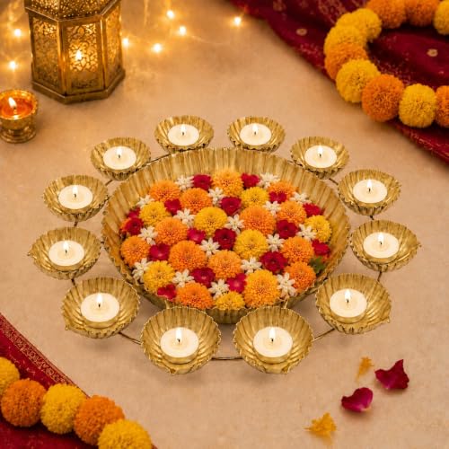 Diwali Lotus Urli Bowl for Home Decor Festival Pooja Gold 14 Inch
