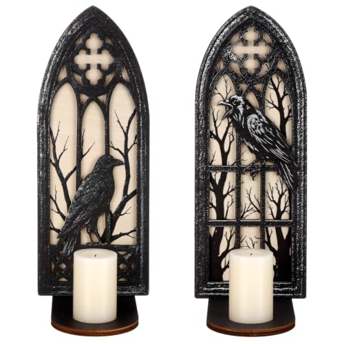 Gothic Wall Candle Sconces Set of 2 - Halloween Cathedral Arch Decor with Removable Trays