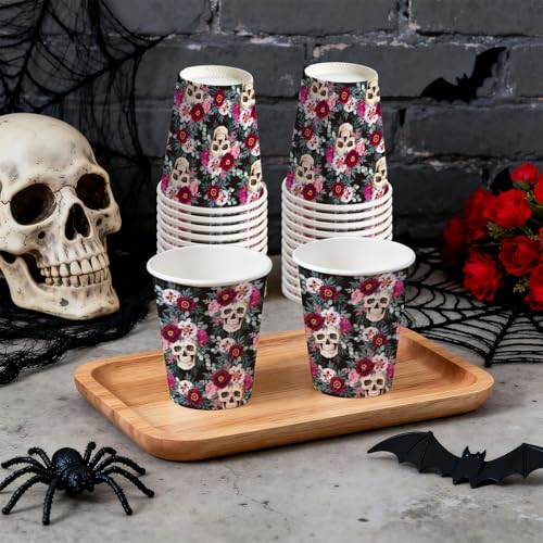 Halloween Paper Cups 9oz Blooming Floral Skull Design - 50 Pack Disposable Drinkware