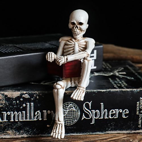 Halloween Skeleton Sitting Reading Figurine Gothic Skull Decor for Desk Shelf Fireplace