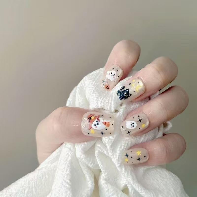 Cat Eye Press On Nails Short Square - White Gold Halloween Designs 30Pcs