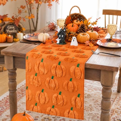 Faux Fur Table Runner with 3D Pumpkins - Caramel, 13x60 Inch, Fall Decor