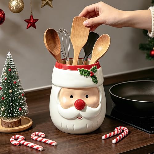 Christmas Santa Ceramic Utensil Holder - Holiday Kitchen Decor - Pinata
