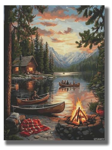 Sunset Lake Cabin Canvas Wall Art for Living Room & Bedroom - 12x16 Inch Unframed