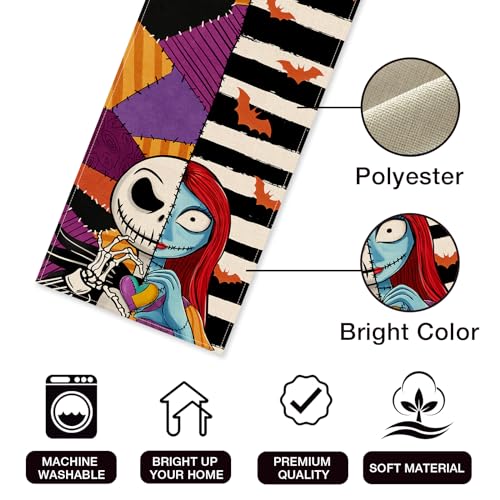 Halloween Table Runner 13x90 Inches Jack Bat Black White Stripes Patch - Seasonal Kitchen Decor