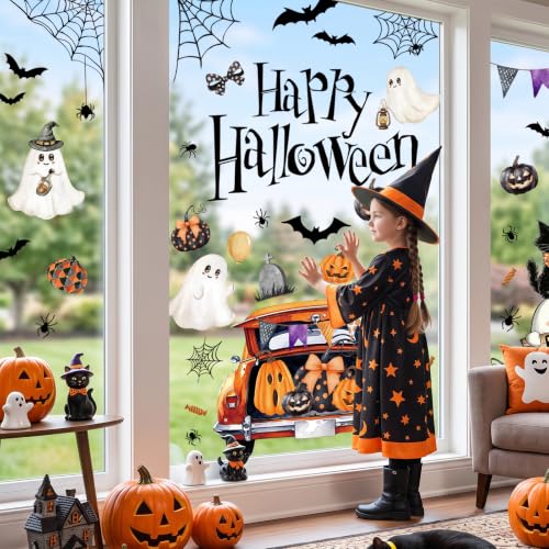 Halloween Window Clings Set - Reusable Spooky Ghost Pumpkins Black Cat Decorations