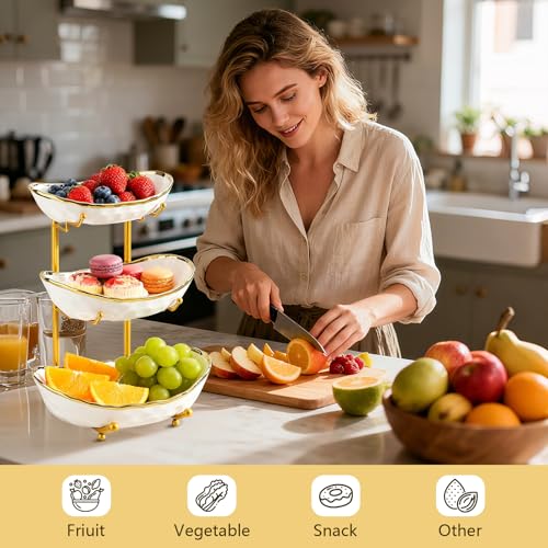 Gets 3-Tier Fruit Bowl with Ceramic Bowls & Metal Stand - White
