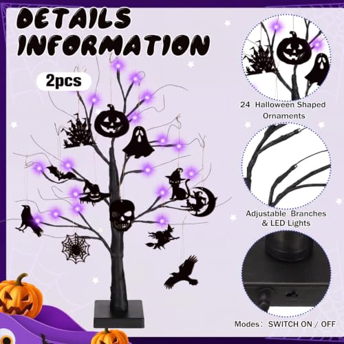 Black Halloween Tree with Lights - Indoor 24 Inch Decor with Ornaments & USB or Battery Power