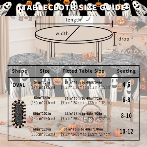 Oval Halloween Tablecloth 52x70 Inch with Spiderweb Ghost Pattern - Black Fabric Party Decor