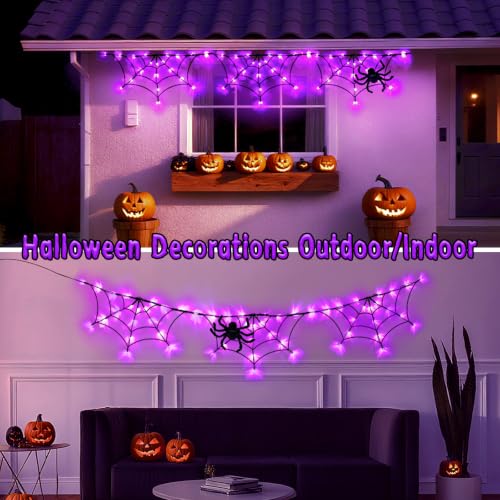 Halloween Spider Web Lights 6FT 60LED Purple with Black Spider and Timer - Indoor Outdoor Decor