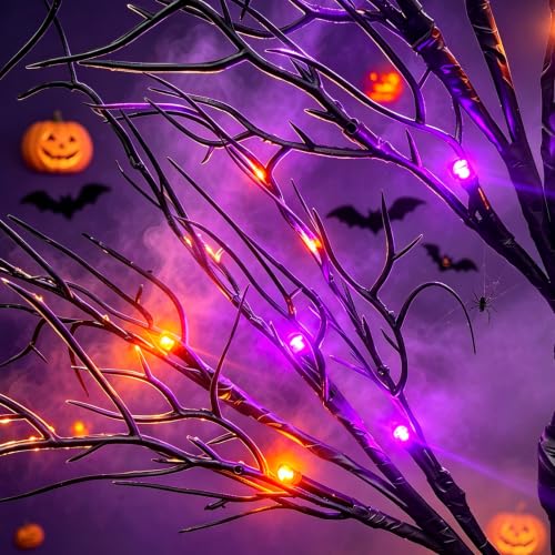 Halloween Decorations Indoor, 2 Pack 26-Inch Black Halloween Trees with Orange & Purple LED Lights - USB & Battery Powered, Spooky Tabletop Decor, Orange Purple Variation