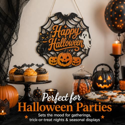 Halloween Door Sign - Wooden Spider Web Welcome Hanger with Ghost, Black Cat & Pumpkins - Farmhouse Fall Decor - Happy Halloween Variation