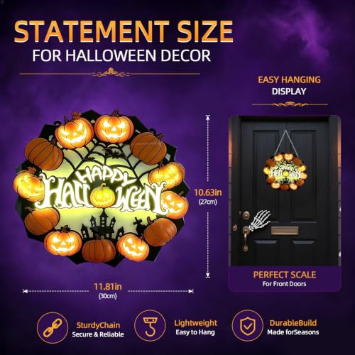 Lighted Halloween Wreath Sign - Pumpkin Acrylic Door Decoration, Black & Orange