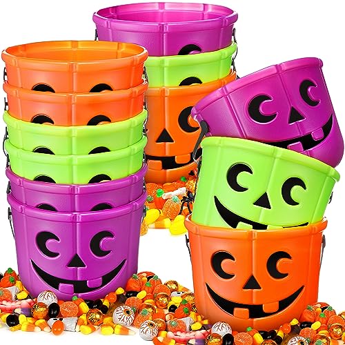 Cute Colorful Halloween Pumpkin Candy Buckets with Handles - 12 Pack