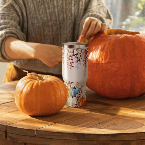 30oz Fall Tumbler with Handle & Flip Straw - White Blue Pumpkin & Maple Leaf Design