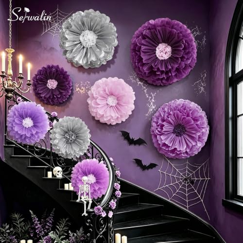 Giant Purple Paper Flower Decorations Wall Set - Elegant Lavender & Silver, 8 pcs