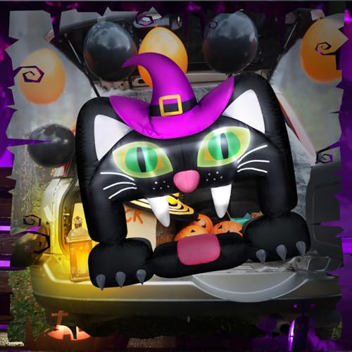 Halloween Inflatable Cat Car Decoration - 4.3FT LED Trunk or Treat Decor - Black & Green