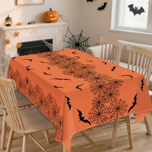 Halloween Spider Web Bat Tablecloth 60x104 Inch Rectangular Orange Washable Decor