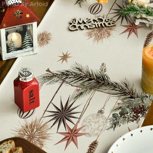Holly Pine Cone Xmas Table Runner 13x108 Inch Beige Holiday Home Decor