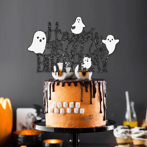Halloween Ghost Cake Topper Glitter Black Ghosts Spider Webs Bats for Birthday & Party