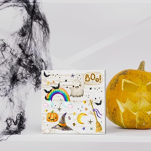 Halloween Ghost Wooden Box Sign - Rainbow Boo Fall Decor, 5x5 Inches - Halloween3-2