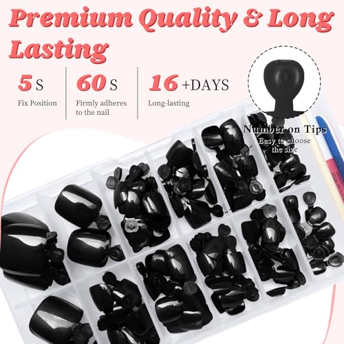 LuckForever Black Press On Toenails Set - Short Square Fake Toe Nails with Glue Tabs