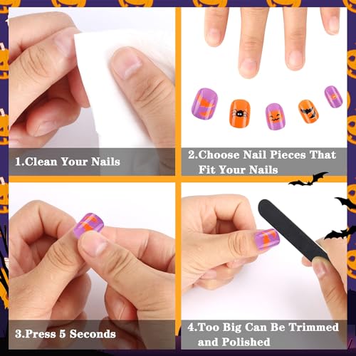 Halloween Kids False Nails Short Press-On Set - Bat Pumpkin Skull Web Theme