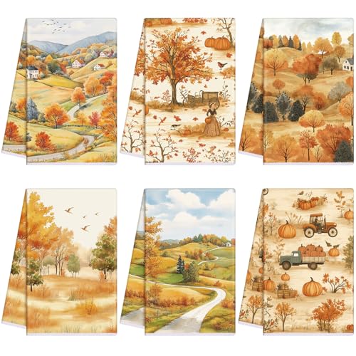Fall Kitchen Towels Set - Pumpkins Maple Leaves Truck - Yellow / Tree - 6 Pack
