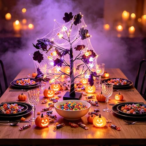 Halloween Indoor Tree with 24 Orange Purple LED Lights - Spooky Decor