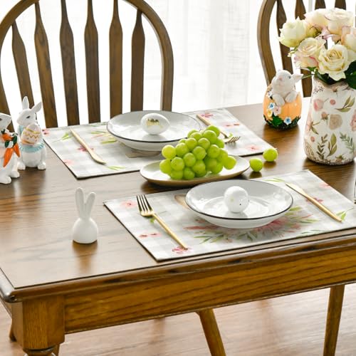 Easter Bunny Rabbit Ears Buffalo Plaid Placemats Set of 6 - 12x18 Inch Seasonal Table Decor Beige