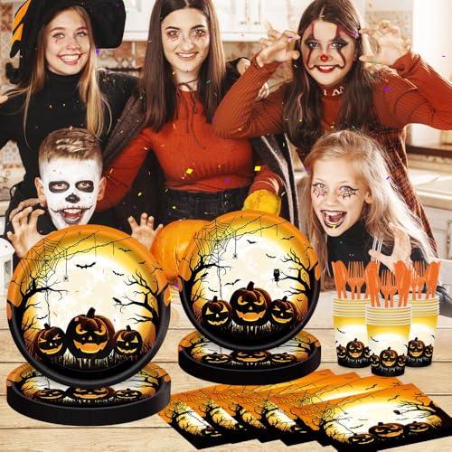 Halloween Party Supplies Disposable Pumpkin Plates Napkins Dinnerware Set for 20 Guests
