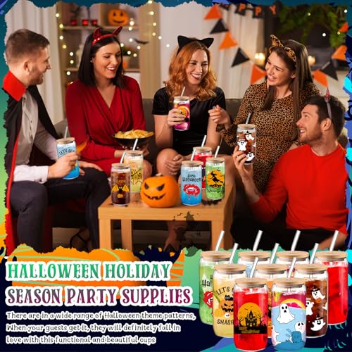 Ghost Halloween Glass Cups Set - 12 Styles, 16 oz with Bamboo Lids & Straws