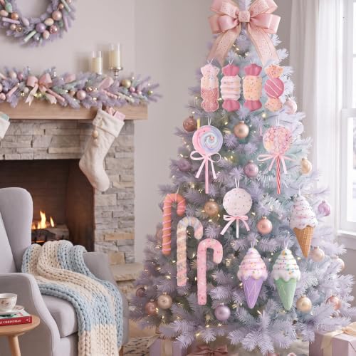 Pastel Christmas Candy Ornaments Set - Pink White Yellow Purple Green - 12 Decor Items