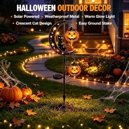 Halloween Solar Cat Garden Stake Light with Pumpkin Moon - Outdoor Yard Decor B