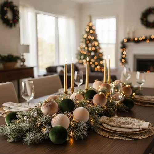 15Pcs Velvet Christmas Ornaments Set - Dark Green, Champagne, Kaki - Shatterproof Holiday Decorations