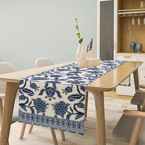 Asian Chinoiserie Blue Ceramic Table Runner 13x108in - Farmhouse Home Decor