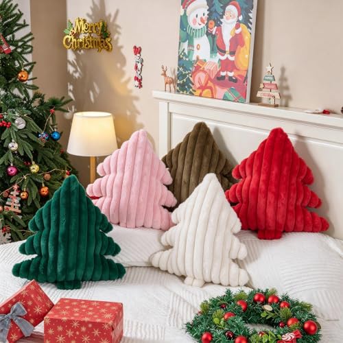 Christmas Tree Pillows Set of 2 - Beige Wide Stripes Xmas Decor 16x18 Inch
