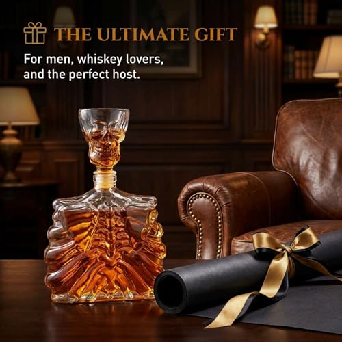 Godinger Skull Whiskey Decanter Set with Shot Glass - 32oz Gothic Home Bar
