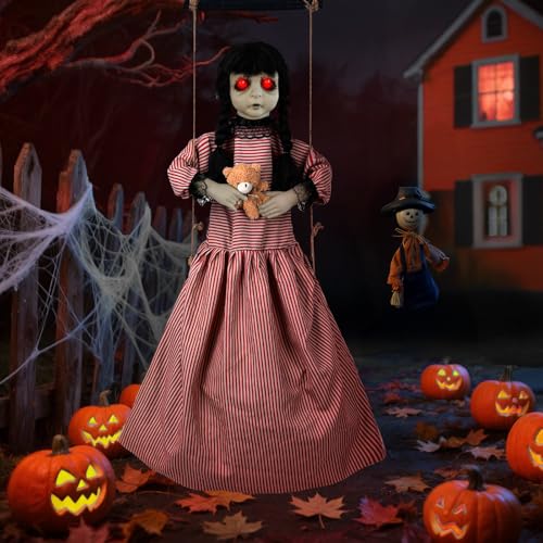 Halloween Hanging Girl Decoration with Glowing Eyes and Sound, Outdoor Haunted House Prop