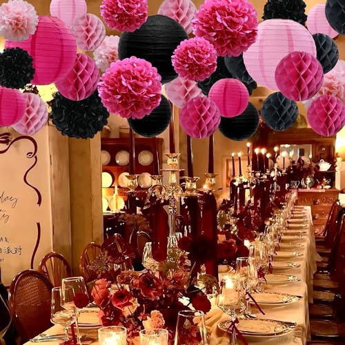 Pink Mouse Paper Decoration Set Rosy Black Pink - 33 Pcs Party Decor