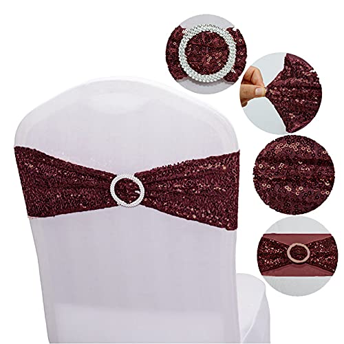 Burgundy 25 PCS Stretch Sequin Chair Sashes for Wedding & Events - Spandex Bands