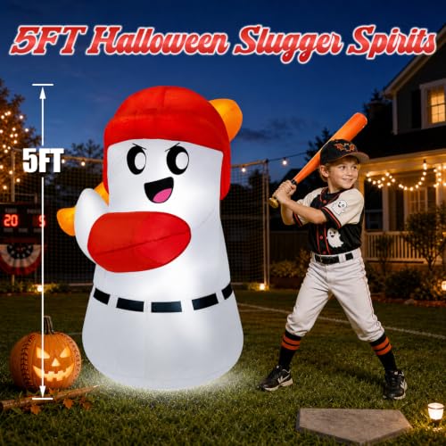 5ft Halloween Inflatable Ghost with Baseball Bat & LED Lights Outdoor Decor
