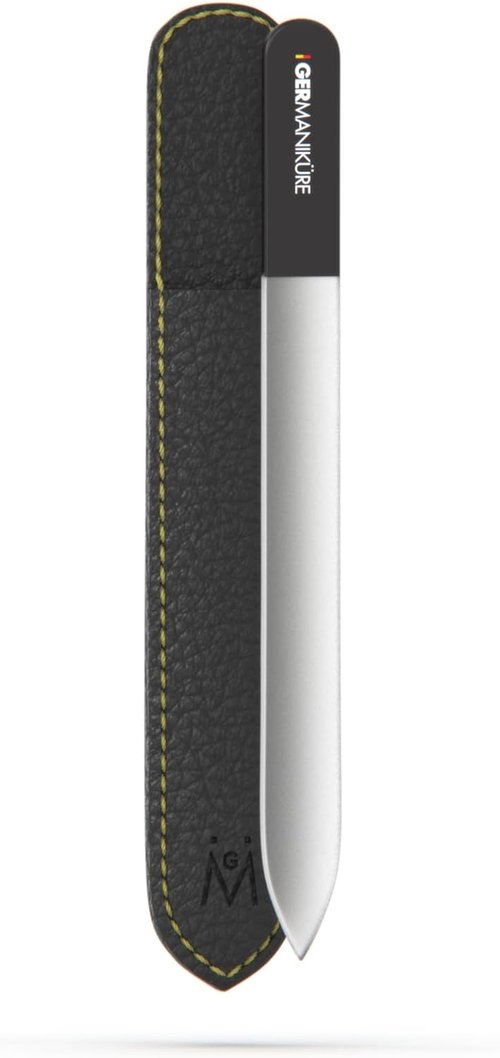 GERMANIKURE Czech Crystal Glass Nail File - Professional Manicure & Pedicure Tool in Suede Leather Case, Black