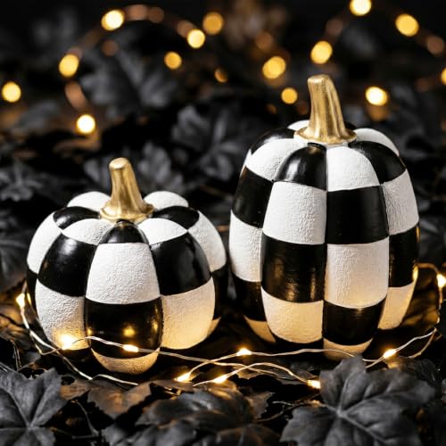 Black and White Checkered Pumpkins with Gold Stem - Resin Halloween Decor Set of 2