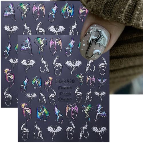 Self-Adhesive Halloween 5D Nail Stickers - Silver Bat Flying Dragon Pattern, 2 Sheets