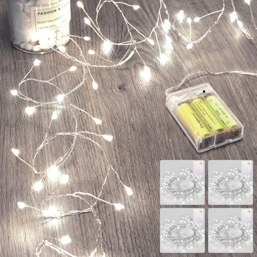 MiniTom Fairy Lights Battery Operated 5ft 60LED String Lights - Pure White, 4 Pack